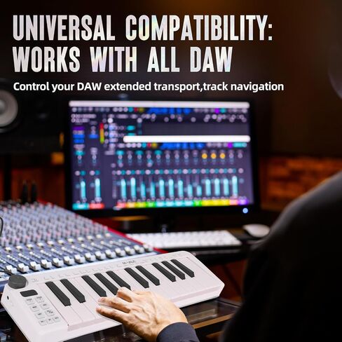 وحدة تحكم لوحة مفاتيح USB MIDI مكونة من 25 مفتاحًا، وحدة تحكم MIDI مع مفاتيح توليف استجابة بلوتوث لأجهزة Mac والكمبيوتر الشخصي، عناصر تحكم قابلة للتخصيص، عجلات تعديل، أبيض in Kuwait