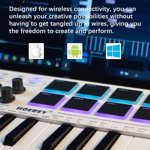 HOEREV MIDI Keyboard Controller With 8 Backlit Drum Pads, Wireless Semi Weighted Professional dynamic Keybed 8 Knobs 25 Keys USB With Lithium Battery,Black in Saudi Arabia