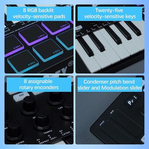 HOEREV MIDI Keyboard Controller With 8 Backlit Drum Pads, Wireless Semi Weighted Professional dynamic Keybed 8 Knobs 25 Keys USB With Lithium Battery,Black in Saudi Arabia