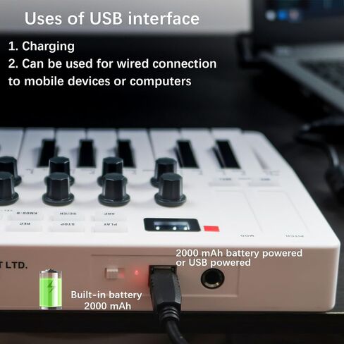 HOEREV MIDI Keyboard Controller With 8 Backlit Drum Pads, Wireless Semi Weighted Professional dynamic Keybed 8 Knobs 25 Keys USB With Lithium Battery,Black in Saudi Arabia