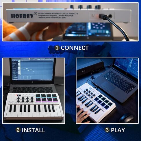HOEREV MIDI Keyboard Controller With 8 Backlit Drum Pads, Wireless Semi Weighted Professional dynamic Keybed 8 Knobs 25 Keys USB With Lithium Battery,Black in Saudi Arabia