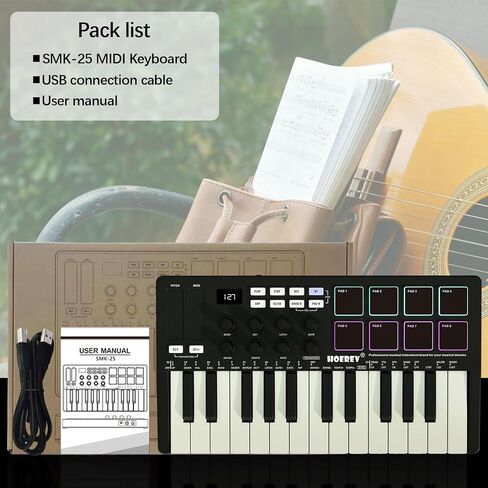HOEREV MIDI Keyboard Controller With 8 Backlit Drum Pads, Wireless Semi Weighted Professional dynamic Keybed 8 Knobs 25 Keys USB With Lithium Battery,Black in Saudi Arabia