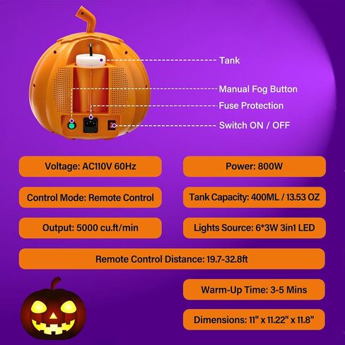 آلة ضباب TCFUNDY 800 وات مع أضواء، آلة دخان اليقطين مع 12 لونًا من أضواء LED، صانع الضباب مع جهاز تحكم عن بعد لديكور الشرفة الأمامية للهالوين، مسرح الحفلات المنزلية المسكونة in Kuwait