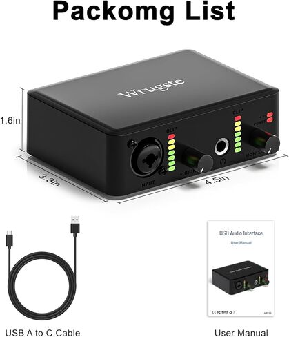 Wrugste USB Audio Interface Solo with XLR and 1/4" (6.35 mm) Jack +48V Phantom Power for Computer Recording Streaming Podcasts and Real-time Monitoring in Kuwait