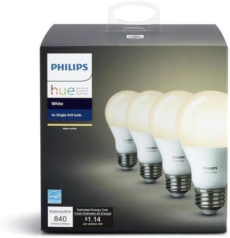 لمبات Philips Hue White 4-Pack A19 60W LED الذكية القابلة للتعتيم، متوافقة مع Alexa وHomeKit وGoogle Assistant، يلزم وجود محور (سكان كاليفورنيا) in Saudi Arabia