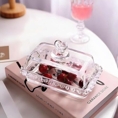 Floral Glass Butter Dish wiht Lid, Classic Covered 2-Piece ,Clear Rectangular, Dishwasher Safe in Saudi Arabia
