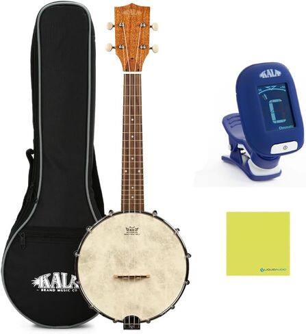 Kala Banjo Concert Ukulele مع حقيبة، حزمة الماهوجني الطبيعي مع موالف Kala Klipz باللون الأزرق والسائل لتلميع الآلات الصوتية - موديل Kala KA-BNJ-MHG-C in Saudi Arabia