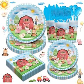 Farm Animal Party Supplies Tableware Set - Farm Birthday Baby Shower Decorations Include Dinner Plates, Cups, Napkins, Cutlery, Farm House Animal Barnyard Theme Party Supplies | Serves 24
