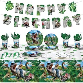 Tatuo 172 Pcs Dinosaur Birthday Party Supplies Dinosaur Theme Party Decoration Set Serve 24 Guests Include Tablecloth Tableware Plate Napkin Cup Happy Birthday Banner for Kids Party Decoration