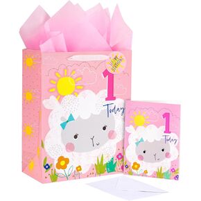LeZakaa 1st Birthday Gift Bag, 13" Pink Glitter Gift Bag with Tissue Paper, Gift Tag and Card - Little Sheep Design for Girl, Kids, Child Birthday
