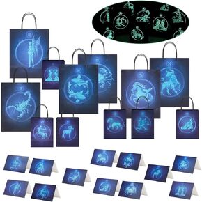 Glow in the Dark Zodiac Gift Bag with Creative Luminous Constellation Design, 24 pcs include 12 Glow in the Dark Bags and 12 Glow in the Dark Greeting Card - All 12 horoscope
