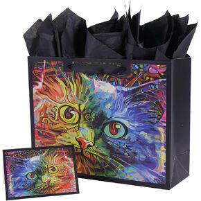 ysmile Premium Black Gift Bag with Wrapping Tissue Boutique Paper Bag with Handle Large Size for Women Men 12 Inch - Cat