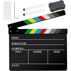 Acrylic Movie Film Directors Clapboard, Photography Video TV Cut Action Scene Slate Clapper Board Props with a Magnetic Blackboard Eraser, Two Custom Pens, Cleaning Cloth and Hex Wrench, Black