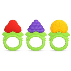 RaZbaby Infant & Baby Massager & Teether Toy 3-Pack, Fruit-Shaped Multi-Texture Teethers Soothe Sore Gums, Non-Toxic BPA-Free Food-Grade Silicone, Hands-Free & Easy to Hold, Safe to Freeze, 3M+
