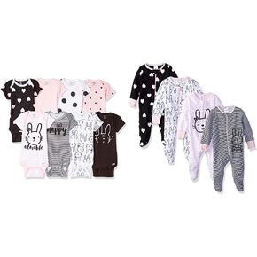 Gerber Baby Girls' 8-pack Short Sleeve Onesies and 4-Pack Sleep 'N Play Clothing Bundle, Bunny, Newborn