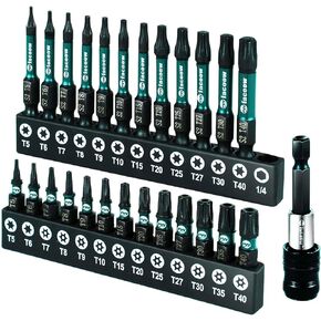 Torx Bit Set(T5-T40), 26 Pack Security Torx Bits Set with Magnetic Tips,Tamper Proof Star Bits Set S2 Alloy Steel, 1"&2" Long Impact Torque Bit Set & 2.3" Self-locking Quick Change Extension