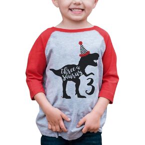 7 ate 9 Apparel DinosaurThree 3rd Third 3 Birthday Dino Dinosaur Red Baseball Shirt T-Shirt