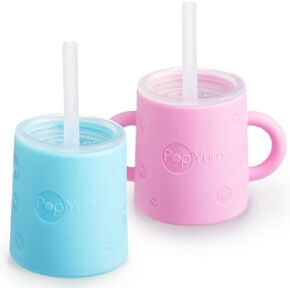 PopYum Silicone Training Cup with Straw Lid, 2-Pack for Baby, Infant and Toddler, Tumbler, Sippy, handles, 5 ounce (blue, green)