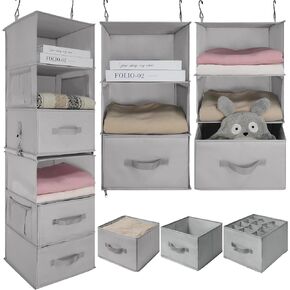 Twira 6-Shelf Hanging Closet Organizer, 2 Separable 3-Shelf Hanging Shelves, Hanging Storage with 3 Removable Drawers 4 Side Pockets, Storage Organizer for Closet, Nursery (Light Grey)