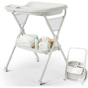 Baby Changing Table with Wheels, Foldable Adjustable Height Diaper Changing Tables with Changing Pad & Storage Rack Diaper Station for Newborn Baby and Infant, Light Grey