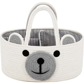 Home & Tots Bear Design Baby Diaper Caddy Organizer - 100% Cotton Rope Caddy, Nursery Storage Bin, Car Caddy, Portable Organizer for Diaper Baby Wipes Toys & Other Baby Essentials