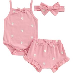 Baby Girl Summer Outfits Floral Print Sleeveless Romper Ruffle Bloomers Shorts Headband 3Pcs Newborn Clothing Set