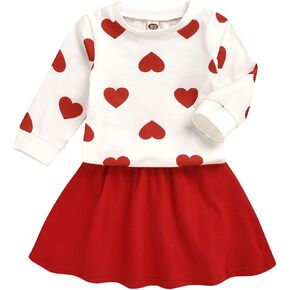 XFGLCK Toddler Kids Baby Girls Valentine's Day Outfits Long Sleeve Heart Print Top + Red Skirts Set