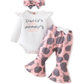 Kislio Newborn Baby Girl Clothes Ribbed Ruffled Romper Floral Flared Bell-Bottom Pants Infant Toddler Girls Outfit Set in Kuwait