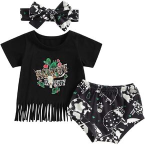 pengnight Western Baby Girl Clothes Cow Print Summer Short Sleeve Tshirt Tops Shorts Set Boho 3Pcs Outfits
