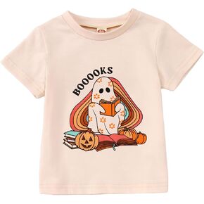 KEKEMI Booooks Ghost Halloween T-Shirt Toddler Boys Girls Retro Ghost Books Reading Tees Cute Baby Pumpkin Ghost Graphic Tops