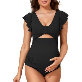 Summer Mae Ribbed Maternity Swimsuit Cutout One Piece Ruffle Sleeve Pregnancy Bathing Suit High Waisted Swimwear
