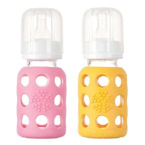 Lifefactory Glass Baby Bottle with Silicone Sleeve 4 Ounce, Set of 2 - Pink/Banana