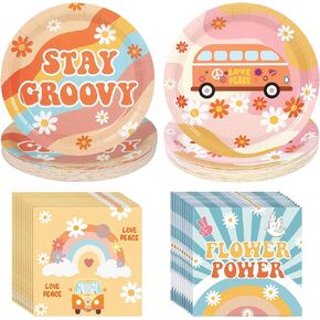 100 PCS Groovy Paper Plates Napkins Boho Groovy Party Supplies 9 inch Disposable 60s 70s Daisy Love Peace Rainbow Party Plates and Napkins for Birthday Baby Shower Party Supplies