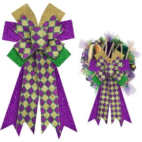 Alibbon Large Mardi Gras Bows for Wreaths, Mardi Gras Wreath Bows, Glitter Purple Green Gold Bows, Stripe Bows for Front Door, Mardi Gras Decorations Bows for Mardi Gras Carnival Indoor Outdoor Decor