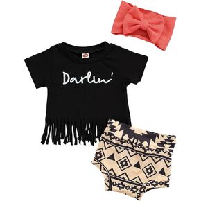 ZyHwShine Western Baby Girl Summer Vacation Outfit Short Sleeve Tassel T-Shirts Bell Bottoms Headband Retro Boho Clothes