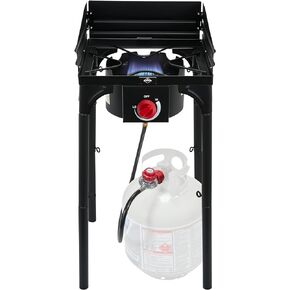 Hike Crew Cast Iron 1-Burner Outdoor Gas Stove | 75,000 BTU Portable Propane-Powered Cooktop w/Blue Flame Control, Removable Legs, Temperature Setting Knobs | Wind Panel, Hose Regulator & Storage Bag