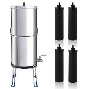 Amwater NSF/ANSI 42&372 Certification 2.25G Stainless Steel Gravity-Fed Water Filter System with 2 Black Purification Filter, 2 Fluoride Water Filter,Sight Glass Spigot, 6inch Stand