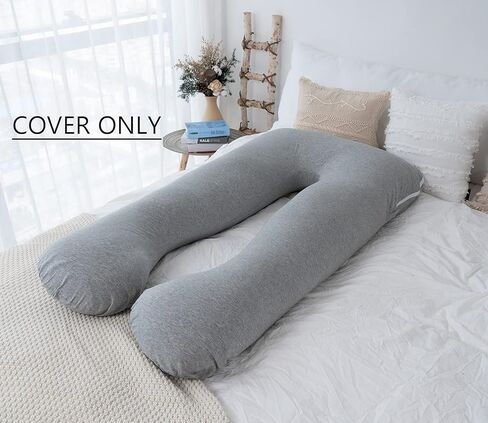 غطاء وسادة حمل على شكل حرف U من AngQi - يناسب وسائد على شكل حرف U مقاس 55 بوصة - غطاء بديل لوسادة الأمومة لكامل الجسم - قطن جيرسي متماسك - رمادي in Kuwait