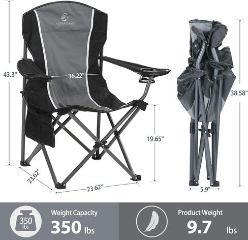 كرسي تخييم كبير الحجم قابل للطي من ALPHA CAMP، كراسي حديقة شديدة التحمل للبالغين تدعم 350 رطلاً، كراسي تخييم محمولة مع حامل أكواب وجيب جانبي كبير وجيب خلفي ومسند ذراع مبطن للأماكن الخارجية والداخلية in Kuwait