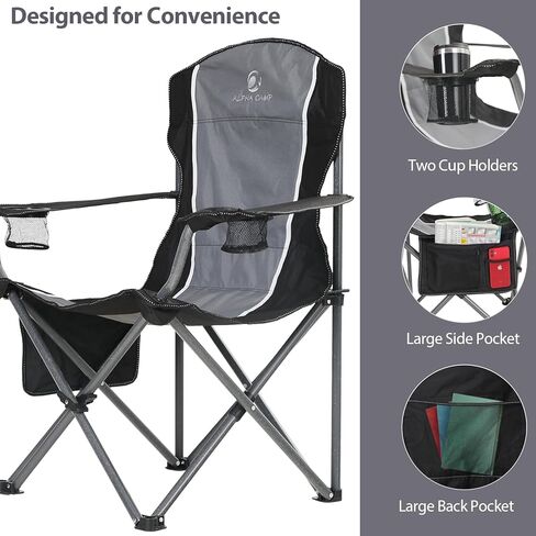 كرسي تخييم كبير الحجم قابل للطي من ALPHA CAMP، كراسي حديقة شديدة التحمل للبالغين تدعم 350 رطلاً، كراسي تخييم محمولة مع حامل أكواب وجيب جانبي كبير وجيب خلفي ومسند ذراع مبطن للأماكن الخارجية والداخلية in Kuwait