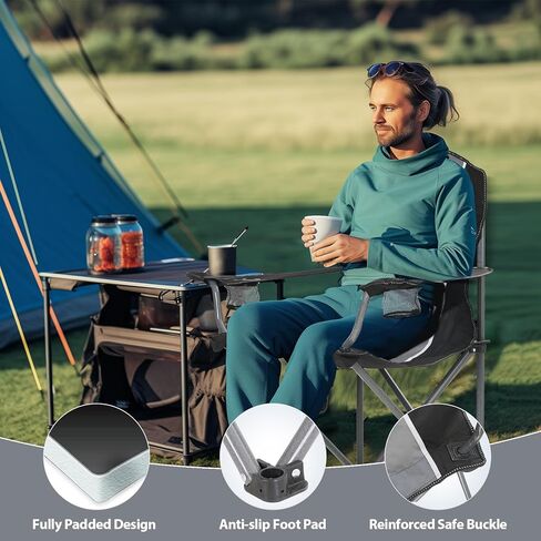 كرسي تخييم كبير الحجم قابل للطي من ALPHA CAMP، كراسي حديقة شديدة التحمل للبالغين تدعم 350 رطلاً، كراسي تخييم محمولة مع حامل أكواب وجيب جانبي كبير وجيب خلفي ومسند ذراع مبطن للأماكن الخارجية والداخلية in Kuwait