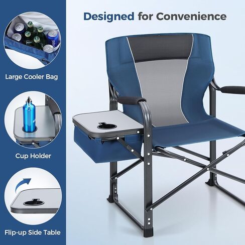 كرسي مدير كرسي التخييم القابل للطي من ALPHA CAMP مع حقيبة تبريد وطاولة جانبية وحامل مشروبات، كرسي حديقة محمول مبطن في الهواء الطلق يدعم 350 رطلاً in Kuwait