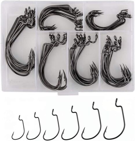 60pcs Offset Worm Hook High Carbon Steel Wide Gap Bait Jig Fish Hooks with Plastic Box #1-5/0 in Saudi Arabia