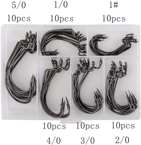 60pcs Offset Worm Hook High Carbon Steel Wide Gap Bait Jig Fish Hooks with Plastic Box #1-5/0 in Saudi Arabia