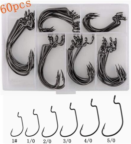 60pcs Offset Worm Hook High Carbon Steel Wide Gap Bait Jig Fish Hooks with Plastic Box #1-5/0 in Saudi Arabia