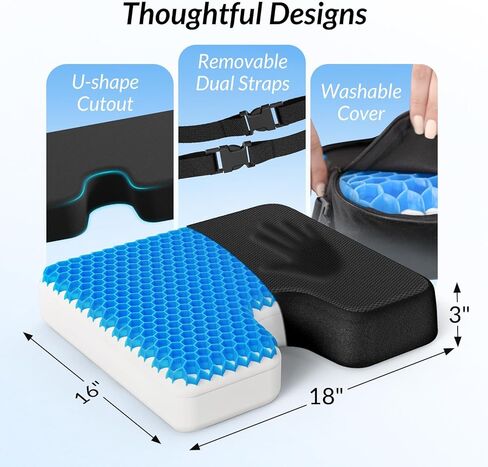 ZIKEE Reversible Fabric Cover Seat Cushion with Enhanced Supportive & Breathable, Innovative Honeycomb Gel & Memory Foam Combination, Anti-Slip Office Chair Cushion with 2 Straps for Desk Chairs in Kuwait