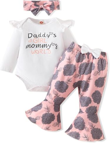 Kislio Newborn Baby Girl Clothes Ribbed Ruffled Romper Floral Flared Bell-Bottom Pants Infant Toddler Girls Outfit Set in Kuwait