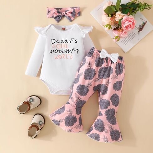 Kislio Newborn Baby Girl Clothes Ribbed Ruffled Romper Floral Flared Bell-Bottom Pants Infant Toddler Girls Outfit Set in Kuwait