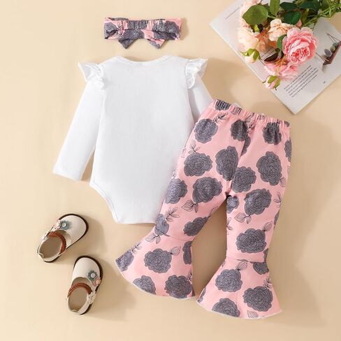 Kislio Newborn Baby Girl Clothes Ribbed Ruffled Romper Floral Flared Bell-Bottom Pants Infant Toddler Girls Outfit Set in Kuwait