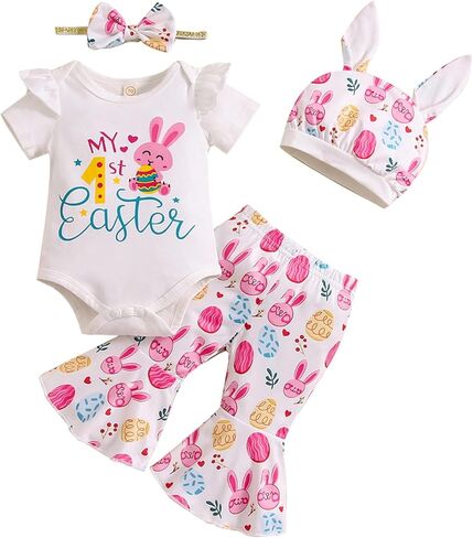 ملابس عيد الفصح للفتيات حديثي الولادة، ملابس عيد الفصح الأول المطبوعة عليها، سراويل واسعة على شكل بيضة مع قبعة أذن أرنب in Kuwait
